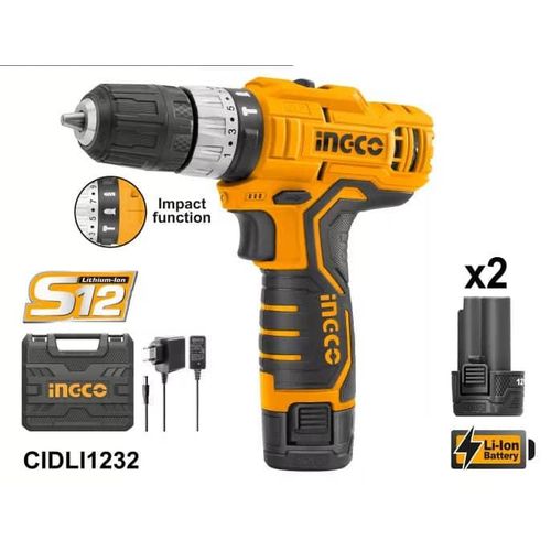 INGCO Cordless Drill CIDLI1232E, 12V, 20NM + 2x battery 1.5Ah - Black / Orange