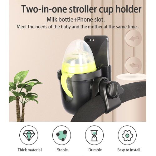 Stroller Cup Holder 2 in 1 Phone & Bottle Holder with Anti-slip Pad Universal Cup Holder Rack for Buggy with Adjustable Clamp NO5137