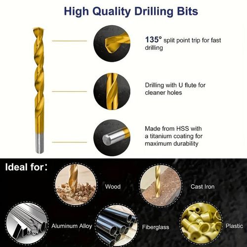 100pcs Twist Drill Bit, Titanium Plated High Speed ​​Steel Drill Bit Set, Straight Drill Bit, Round Shank