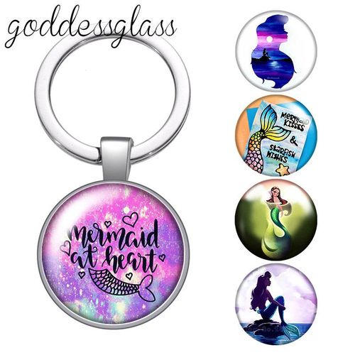 Beauty Mermaid Girls Dream Come True Round Glass Cabochon Keychain Bag Car Key Chain Ring Holder Charms Keychains For