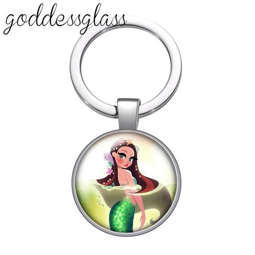 Beauty Mermaid Girls Dream Come True Round Glass Cabochon Keychain Bag Car Key Chain Ring Holder Charms Keychains For