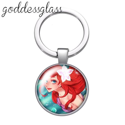 Beauty Mermaid Girls Dream Come True Round Glass Cabochon Keychain Bag Car Key Chain Ring Holder Charms Keychains For