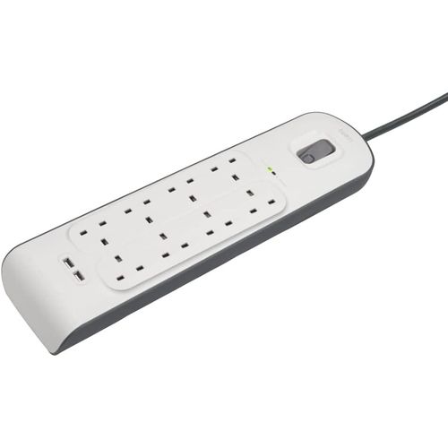 Belkin 8 Way/8 Plug Surge Protection Strip With 2 Meters Cord Length - Heavy Duty Electrical Extension Socket With 2 X 2.4 A Shared USB Ports