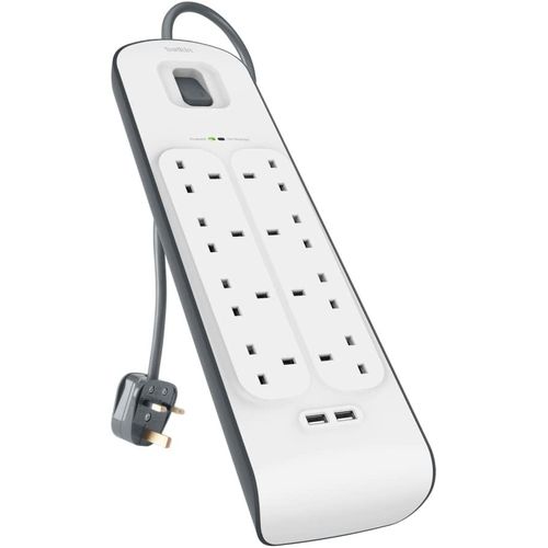 Belkin 8 Way/8 Plug Surge Protection Strip With 2 Meters Cord Length - Heavy Duty Electrical Extension Socket With 2 X 2.4 A Shared USB Ports