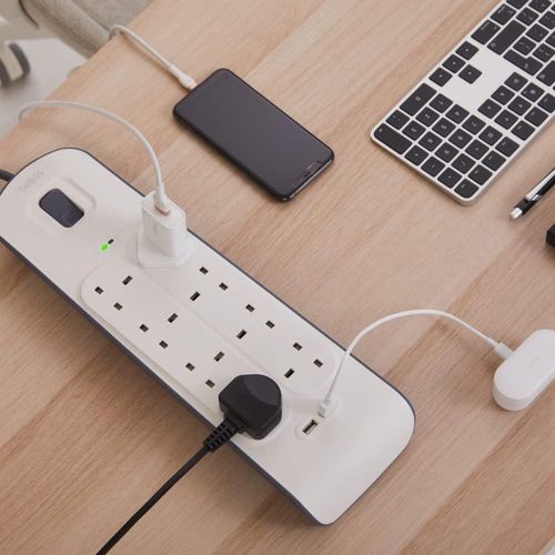 Belkin 8 Way/8 Plug Surge Protection Strip With 2 Meters Cord Length - Heavy Duty Electrical Extension Socket With 2 X 2.4 A Shared USB Ports