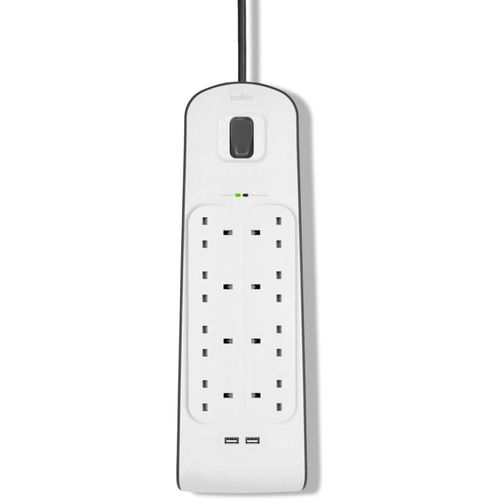 Belkin 8 Way/8 Plug Surge Protection Strip With 2 Meters Cord Length - Heavy Duty Electrical Extension Socket With 2 X 2.4 A Shared USB Ports