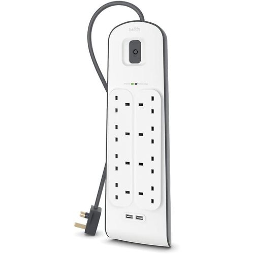 Belkin 8 Way/8 Plug Surge Protection Strip With 2 Meters Cord Length - Heavy Duty Electrical Extension Socket With 2 X 2.4 A Shared USB Ports