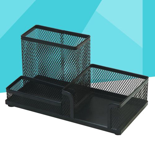 Metal Mesh Desk Organizer Table Container Pen Holder Storage Case Supplies Black Sticky Notes Holder And 3 Compartments