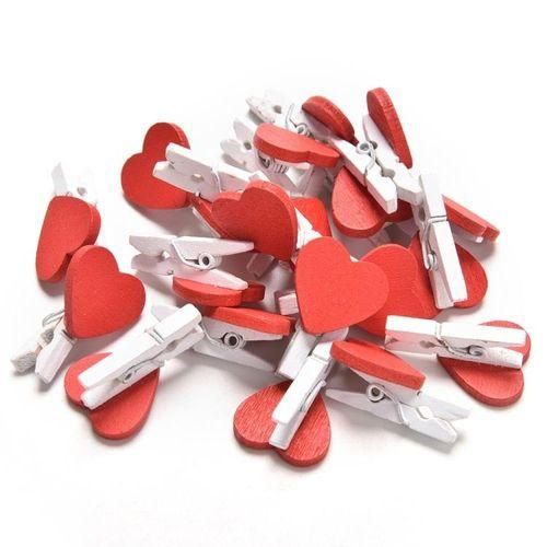 50 PCS Mini Red Heart Love Wooden Photo Paper Peg Pin Clothespin Craft