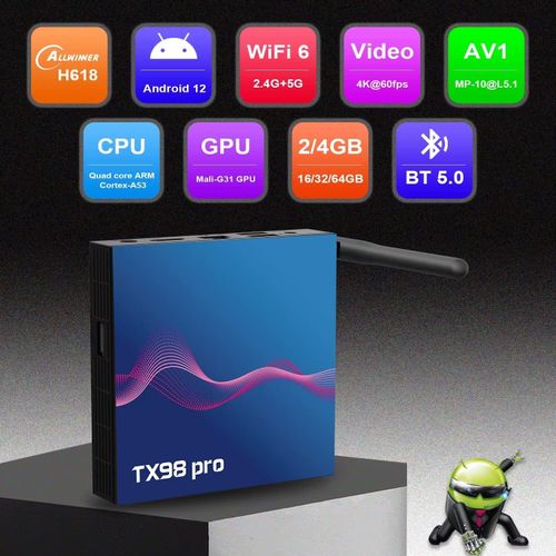 Android 12.0 TV Box -TX98Pro- 2GB RAM-16GB Internal Storage- 4K With Bluetooth- Blue