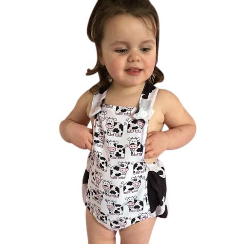 Newborn Baby Girl Halter Jumpsuit Ruffled Black And White Cow Print,White,80cm NO5114