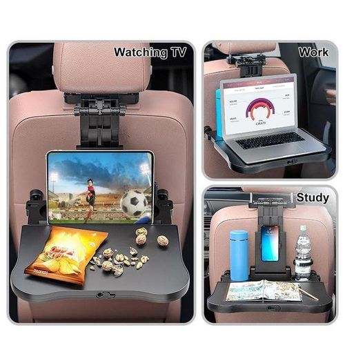 Adjustable Car Seat Travel Table Multifunctional Foldable Car Back Seat Food Tray, Car Table with Phone Holder for Working, Writing, Eating Black