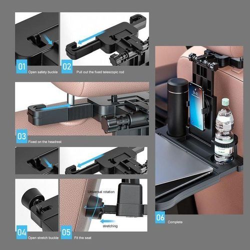 Adjustable Car Seat Travel Table Multifunctional Foldable Car Back Seat Food Tray, Car Table with Phone Holder for Working, Writing, Eating Black