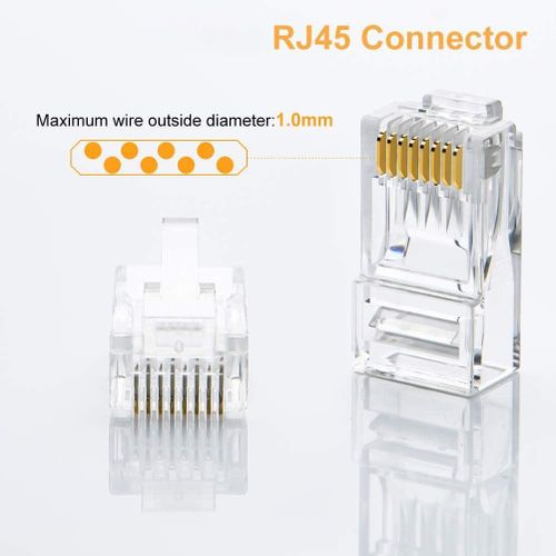 Cat6 RJ45 Ends, 100-PACK Cat6 Connector, Cat6 / Cat5e RJ45 Connector, Ethernet Cable Crimp Connectors UTP Network Plug for Solid Wire and Standard Cable, Transparent