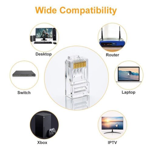 Cat6 RJ45 Ends, 100-PACK Cat6 Connector, Cat6 / Cat5e RJ45 Connector, Ethernet Cable Crimp Connectors UTP Network Plug for Solid Wire and Standard Cable, Transparent