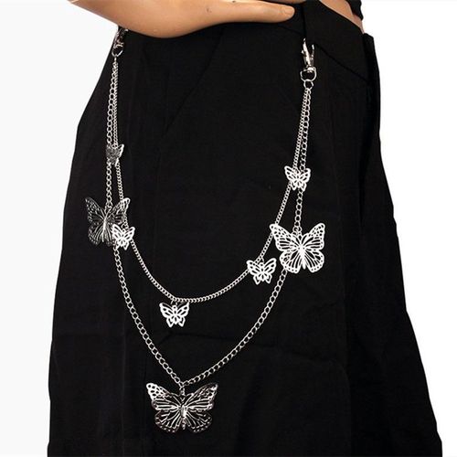 Punk Butterfly Biker Jeans Link Pants Keychain Women Men Belt Key Chain Double Layers Trousers Chain Hip Hop Jewelry