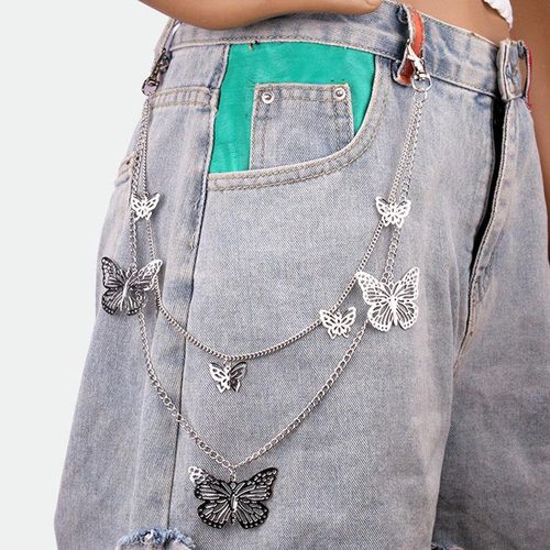Punk Butterfly Biker Jeans Link Pants Keychain Women Men Belt Key Chain Double Layers Trousers Chain Hip Hop Jewelry