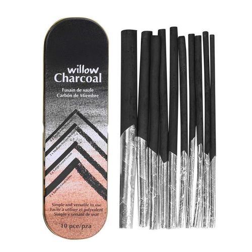 10 Pcs Charcoal Sticks Art Drawing Pencils Sketch With Tinfoil Tinted Paper & Metal Box For Artist Highlight Drawing