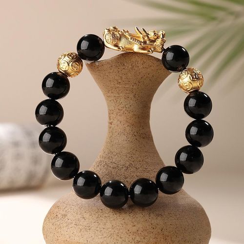 Natural Obsidian Alluvial Gold Pi Xiu Bracelet Money Beads for Men and Women Couple Bracelet Copper Plating Pixiu Cross-Border Hot Wholesale