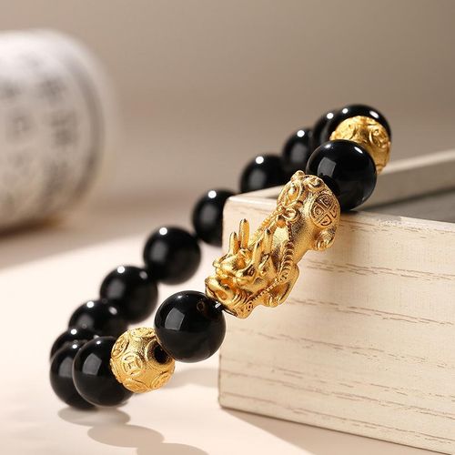 Natural Obsidian Alluvial Gold Pi Xiu Bracelet Money Beads for Men and Women Couple Bracelet Copper Plating Pixiu Cross-Border Hot Wholesale