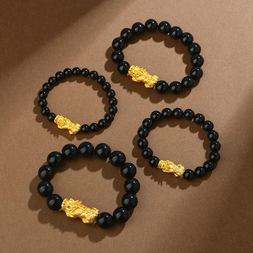 Natural Obsidian Alluvial Gold Pi Xiu Bracelet Money Beads for Men and Women Couple Bracelet Copper Plating Pixiu Cross-Border Hot Wholesale