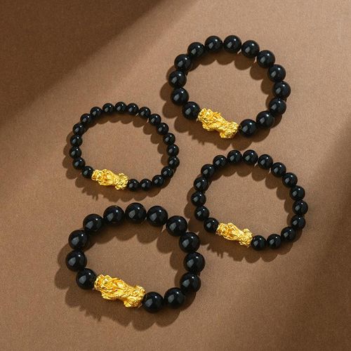 Natural Obsidian Alluvial Gold Pi Xiu Bracelet Money Beads for Men and Women Couple Bracelet Copper Plating Pixiu Cross-Border Hot Wholesale