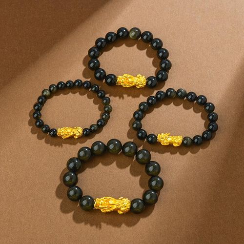 Natural Obsidian Alluvial Gold Pi Xiu Bracelet Money Beads for Men and Women Couple Bracelet Copper Plating Pixiu Cross-Border Hot Wholesale
