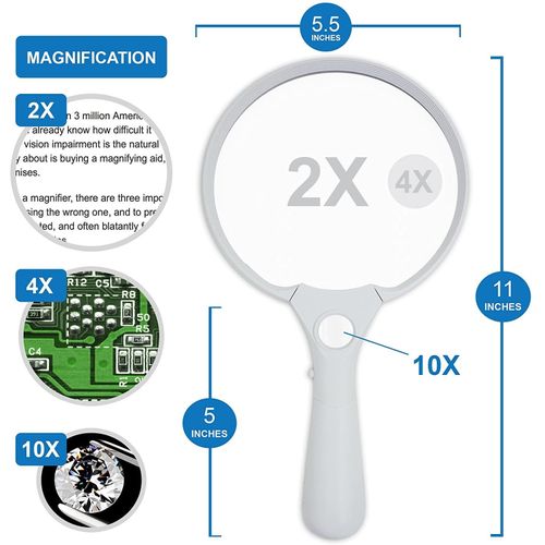Extra Large LED Handheld Magnifying Glass with Light 2X 4X 25X Lens - Best Jumbo Size Illuminated