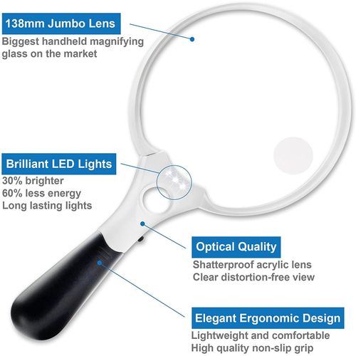 Extra Large LED Handheld Magnifying Glass with Light 2X 4X 25X Lens - Best Jumbo Size Illuminated