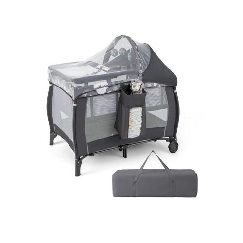 COSTWAY 4 in 1 Foldable Travel Cot, Portable Baby Bed Play Pen with Bassinet, Changing Table, Canopy, Music Box, Wheels, Carry Bag & 3 Toys, Nursery Center for Newborn Toddlers-Grey