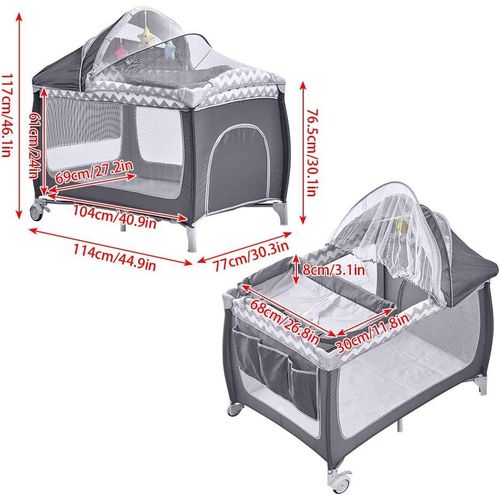 Travel Bed for Baby, Portable Baby Playpen with Entryway, Infant Toddler Bed, Folding Travel Baby Cot with bag -Grey Pink, With Changing Table
