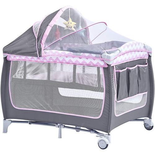 Travel Bed for Baby, Portable Baby Playpen with Entryway, Infant Toddler Bed, Folding Travel Baby Cot with bag -Grey Pink, With Changing Table