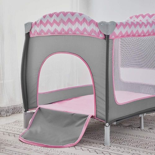 Travel Bed for Baby, Portable Baby Playpen with Entryway, Infant Toddler Bed, Folding Travel Baby Cot with bag -Grey Pink, With Changing Table