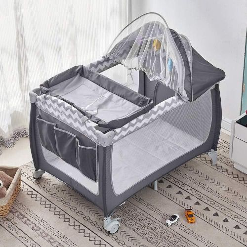 Travel Bed for Baby, Portable Baby Playpen with Entryway, Infant Toddler Bed, Folding Travel Baby Cot with bag -Grey Pink, With Changing Table