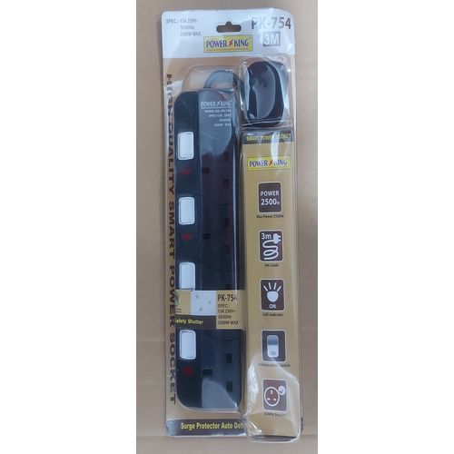 Power King Heavy Duty 4 Way Electric Extension Cable Overload Protection For All Appliances -Black