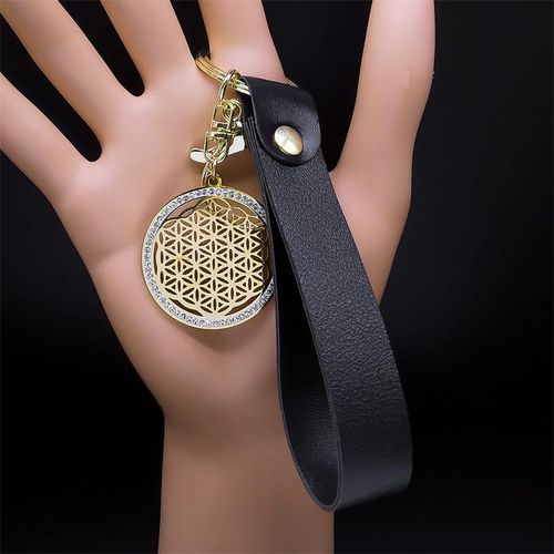 Aesthetic Flower Of Life Stainless Steel Crystal Pendant Keyring Holder Sacred Geometry Symbol Pu Leather Rope Key Chain Jewelry