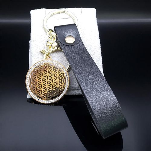 Aesthetic Flower Of Life Stainless Steel Crystal Pendant Keyring Holder Sacred Geometry Symbol Pu Leather Rope Key Chain Jewelry