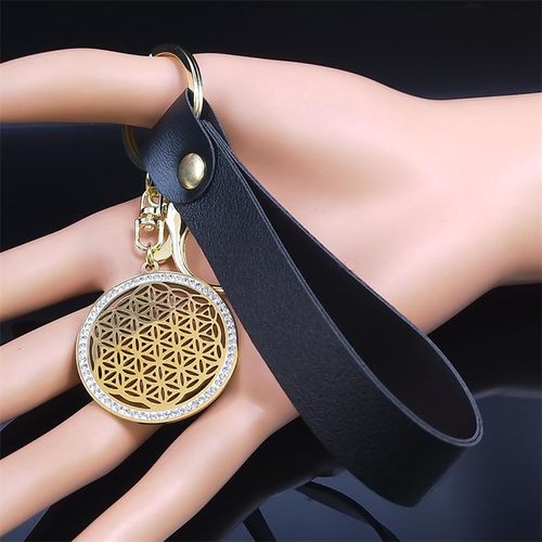 Aesthetic Flower Of Life Stainless Steel Crystal Pendant Keyring Holder Sacred Geometry Symbol Pu Leather Rope Key Chain Jewelry