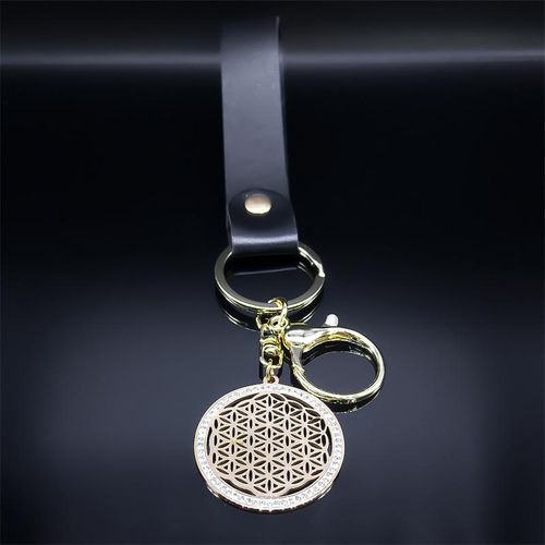 Aesthetic Flower Of Life Stainless Steel Crystal Pendant Keyring Holder Sacred Geometry Symbol Pu Leather Rope Key Chain Jewelry