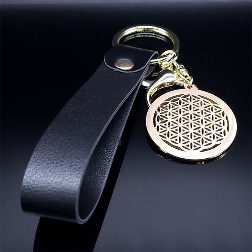 Aesthetic Flower Of Life Stainless Steel Crystal Pendant Keyring Holder Sacred Geometry Symbol Pu Leather Rope Key Chain Jewelry