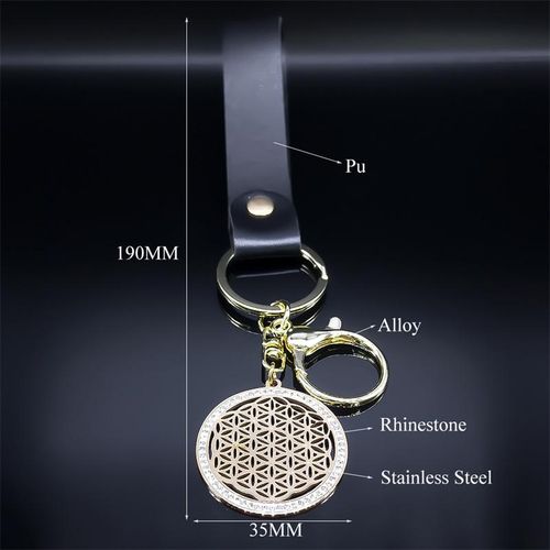 Aesthetic Flower Of Life Stainless Steel Crystal Pendant Keyring Holder Sacred Geometry Symbol Pu Leather Rope Key Chain Jewelry