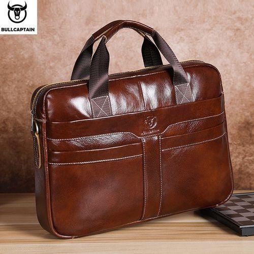 BULLCAPTAIN Leather  Bag, Top Layer Leather 15"  Bag Men's  Briefcase Briefcase Work Business Travel Bag 053
