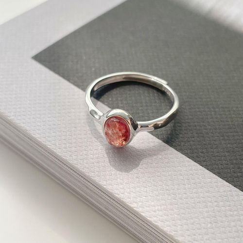 Real Shot 925 Sterling Silver Oval Strawberry Quartz Ring Girl Heart Open Ring Index Finger Ring Stacked Ins Style Ring