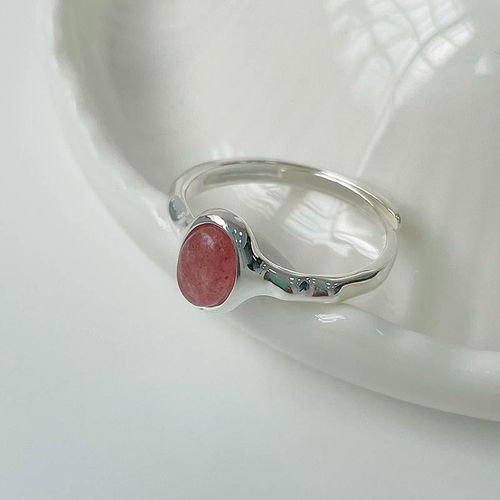 Real Shot 925 Sterling Silver Oval Strawberry Quartz Ring Girl Heart Open Ring Index Finger Ring Stacked Ins Style Ring