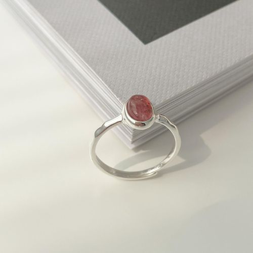 Real Shot 925 Sterling Silver Oval Strawberry Quartz Ring Girl Heart Open Ring Index Finger Ring Stacked Ins Style Ring