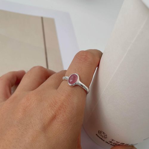 Real Shot 925 Sterling Silver Oval Strawberry Quartz Ring Girl Heart Open Ring Index Finger Ring Stacked Ins Style Ring