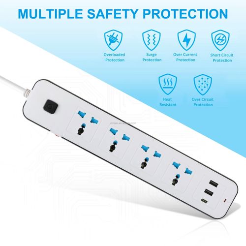 VILLAON Original 4Way Heavy Duty Extension Cable 3 Metre Multifunction Extension Socket with 2 USB Ports and 1 Type-C Port LED Lights in White