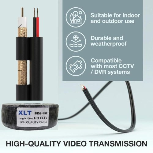 XLT RG59 Coaxial Cable With Power, 75 Ohms Impedance with 96 percentage Braiding, Ideal for CCTV Security Camera - 100m
