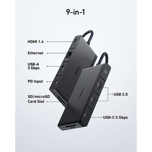 Anker 552 USB C Hub 9 in 1 With 100W Power Delivery, 4K at 30Hz HDMI, 4 USB-C and USB-A Data Ports, Ethernet and SD/microSD Card Slot - Black