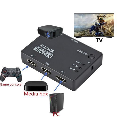 HDMI Splitter 3 In 1 Out Switcher 3 Port Hub Box Auto Switch 3x1 1080p HD 1.4 With Remote Control - Black